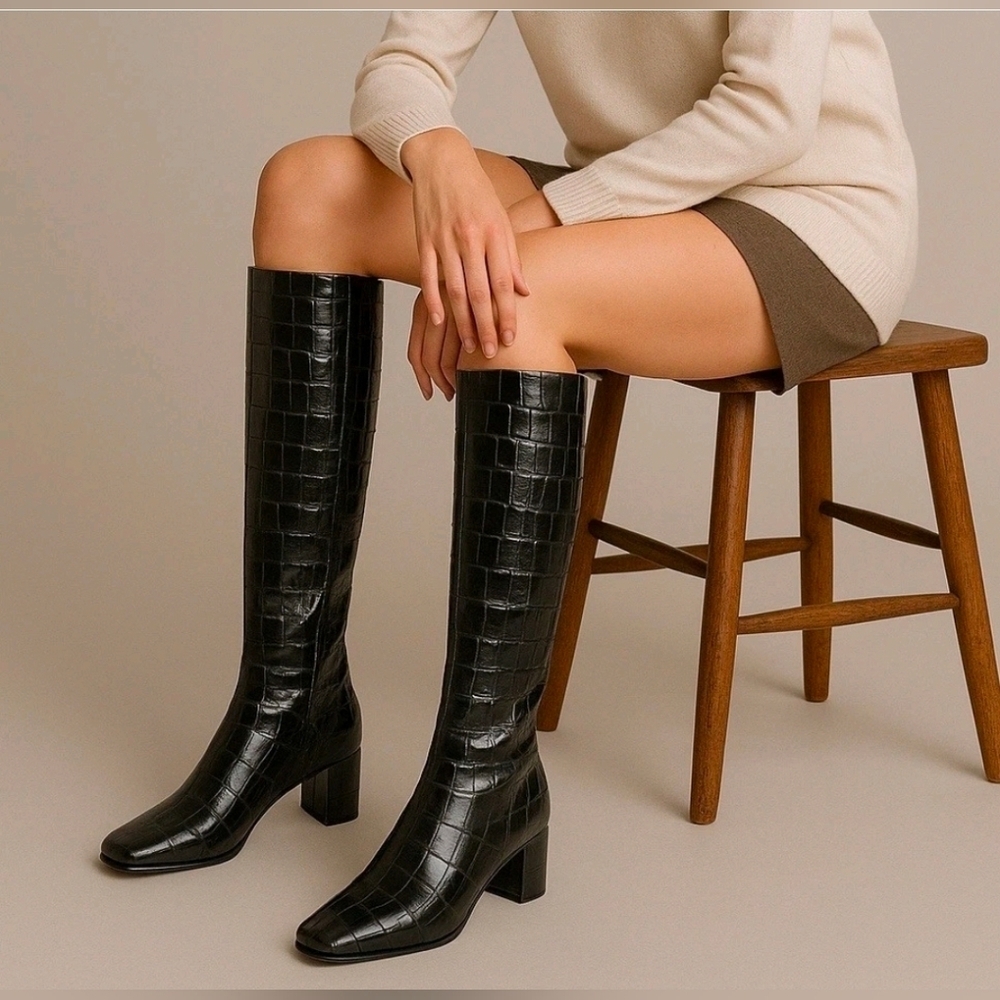 Sigerson Morrison Black Croc-Embossed Knee Boots